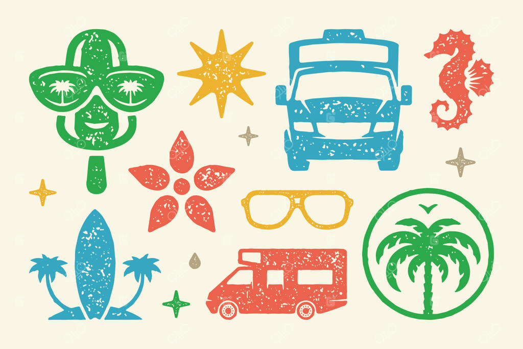 نمادها و اشیای تابستانی: مجموعه‌ای از تصویرسازی‌ها، اسب دریایی، جزیره استوایی و درختان نخل