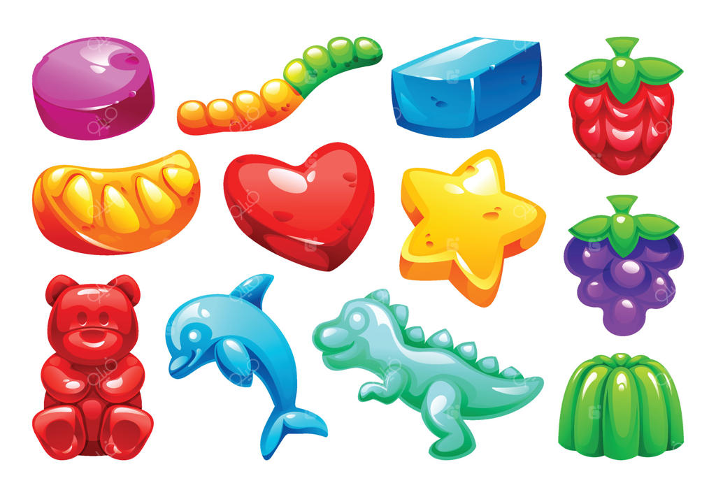مجموعه‌ای از آب‌نبات‌های ژله‌ای رنگارنگ در شکل‌های سرگرم‌کننده شامل حیوانات، میوه‌ها، قلب و ستاره. تصویر کارتونی