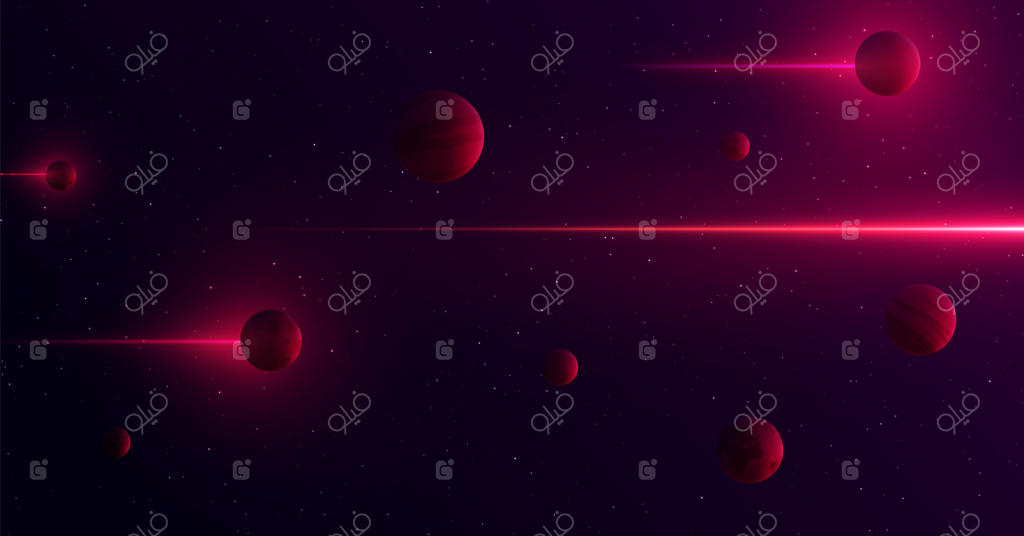 سیارات سه‌بعدی در پس‌زمینه‌ای از ستاره‌ها و کهکشان. خطوط نوری انتزاعی پرتوهای گاما در فضا عبور می‌کنند. الگوی فانتزی و خیالی. تصویرسازی وکتور