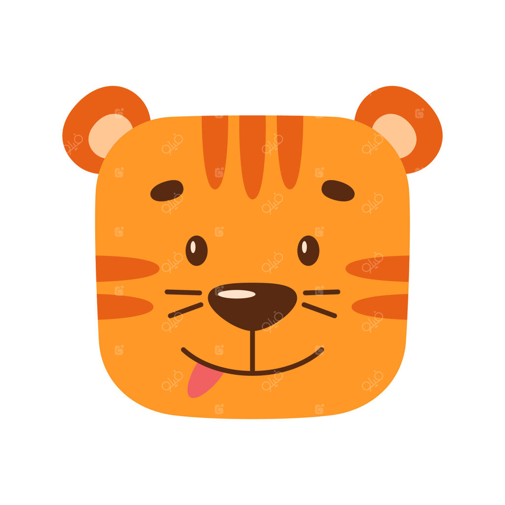 چهره ببر کارتونی بازیگوش؛ تصویرسازی بامزه حیوان وحشی، کلیپ‌ارت ساده برای طراحی کودکانه