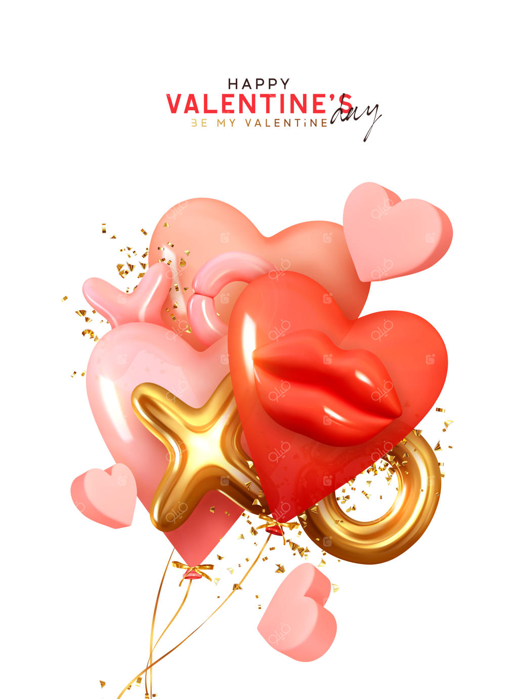 پس‌زمینه روز ولنتاین: بادکنک‌های قرمز و صورتی به شکل قلب، متن فلزی طلایی "xo xo". طراحی واقعی با اشیاء تزئینی رمانتیک در سه‌بعدی. ترکیب رنگی روشن و شاد برای تعطیلات. تصویرسازی وکتوری