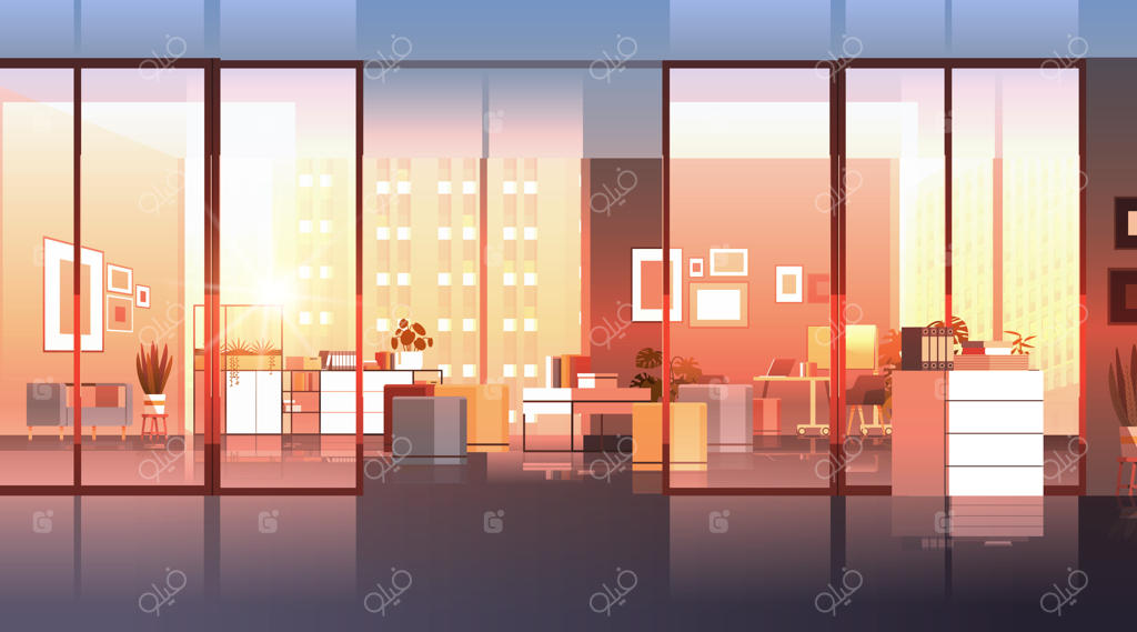 محیط کاری خلاقانه: دکور مدرن، خالی از افراد، دفتری امروزی در مرکز همکاری، تصویر افقی برداری