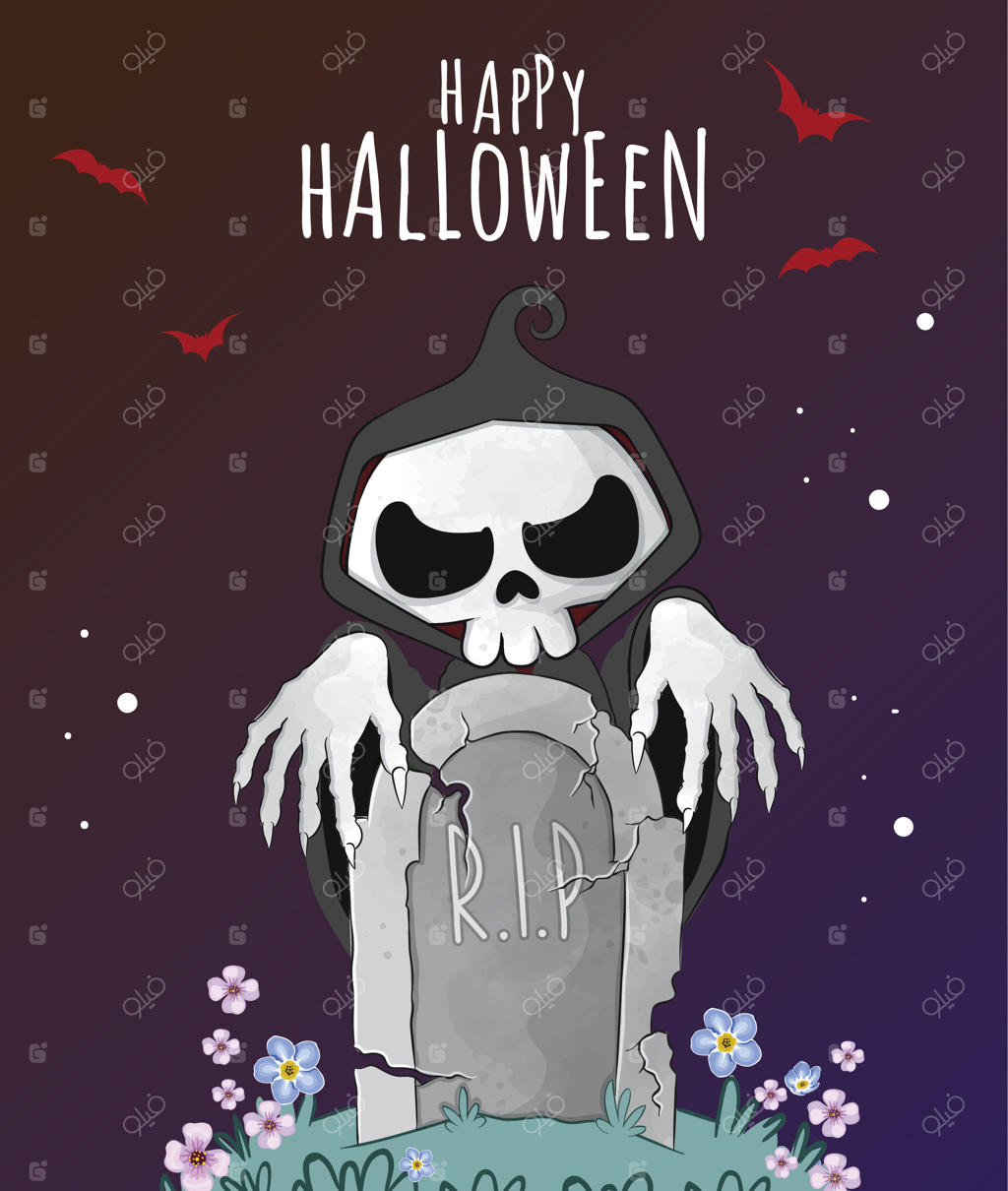 تصویرسازی هالووین شبح بامزه - شخصیت کودکانه با آبرنگ برای هالووین مبارک