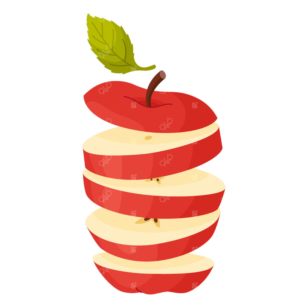 برش‌های سیب در حال پرواز در هوا. نیمه‌های سیب قرمز و رسیده، میوه‌های تازه باغ. کلیپ‌آرت دستی از خوراکی‌ها. تکه‌های میوه تازه. تصویر استایل تخت در پس‌زمینه شفاف.