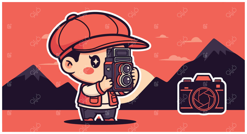 تصویرسازی کارتونی عکاس بامزه با دوربین قدیمی؛ کاراکتر پسربچه در حال عکاسی از منظره در کوهستان