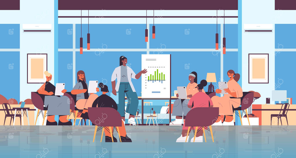 ارائه نمودار توسط زن به دوستانش از نژادهای مختلف در باشگاه زنان حمایت زنان از یکدیگر در دفتر مدرن، تصویر وکتور افقی کامل