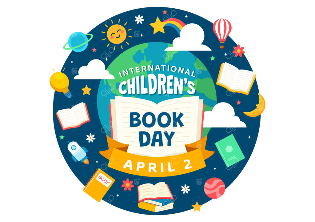 تصویرسازی وکتوری روز جهانی کتاب کودک در ۲ آوریل با طراحی پس‌زمینه کارتونی شامل کودکان در حال کتاب‌خوانی و نقشه کره زمین