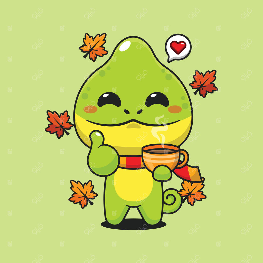 تصویر کارتونی یک آفتاب پرست بامزه با فنجان قهوه در روز پاییزی