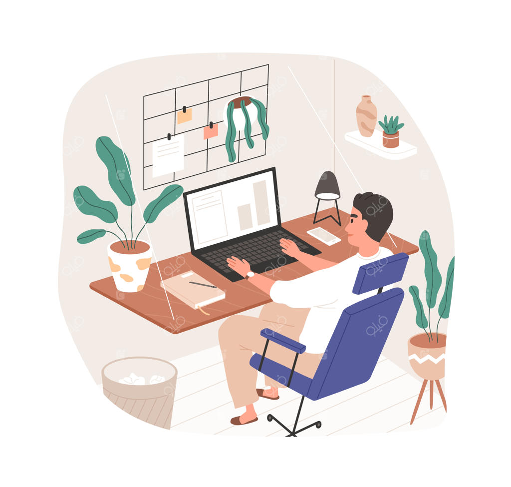 کار در خانه برای فریلنسرها: مردی در دفتر خانگی آنلاین کار می‌کند. کارمند در یک محل کار مدرن دورکاری. کارکن در میز کار راحت. تصویرسازی وکتور تخت روی پس‌زمینه سفید.