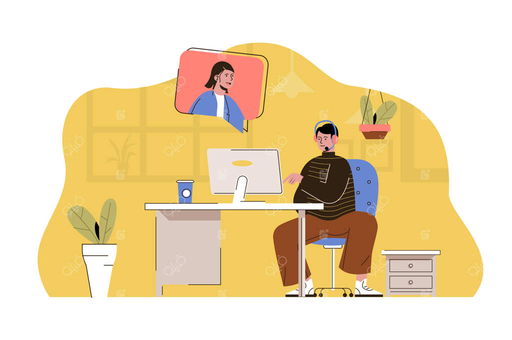 مفهوم مرکز پشتیبانی: مشاوره مرد با مشتری در ویدئو چت