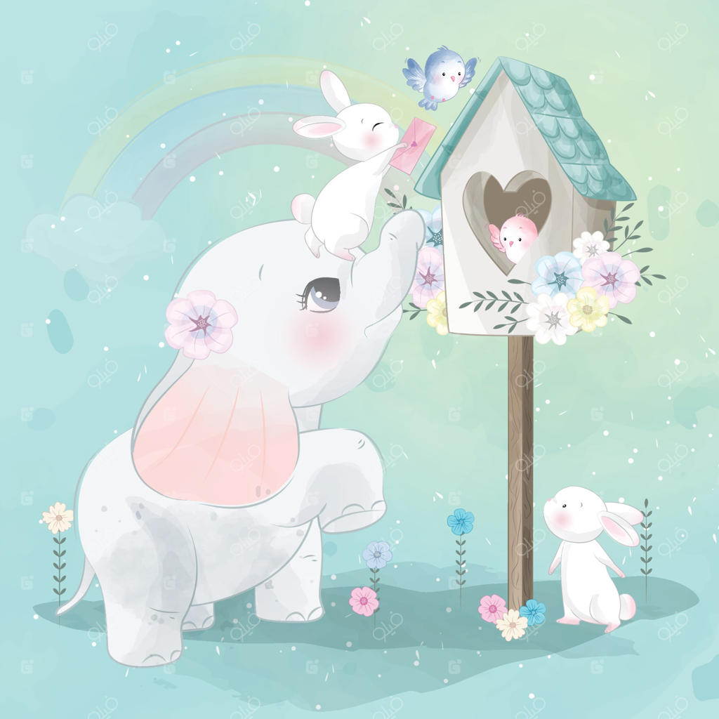 تصویرسازی فیل بامزه در حال بازی با خرگوش و لانه پرنده