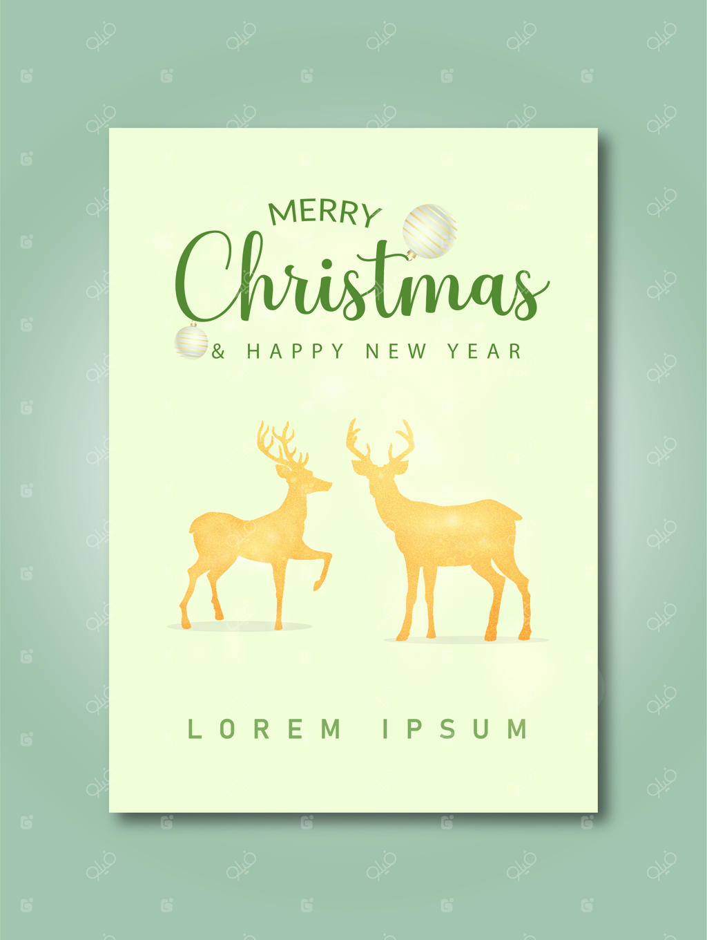 کارت تبریک کریسمس و سال نو مبارک با برف‌ دانه‌ها، صلیب، گوزن، جعبه هدیه و درخت