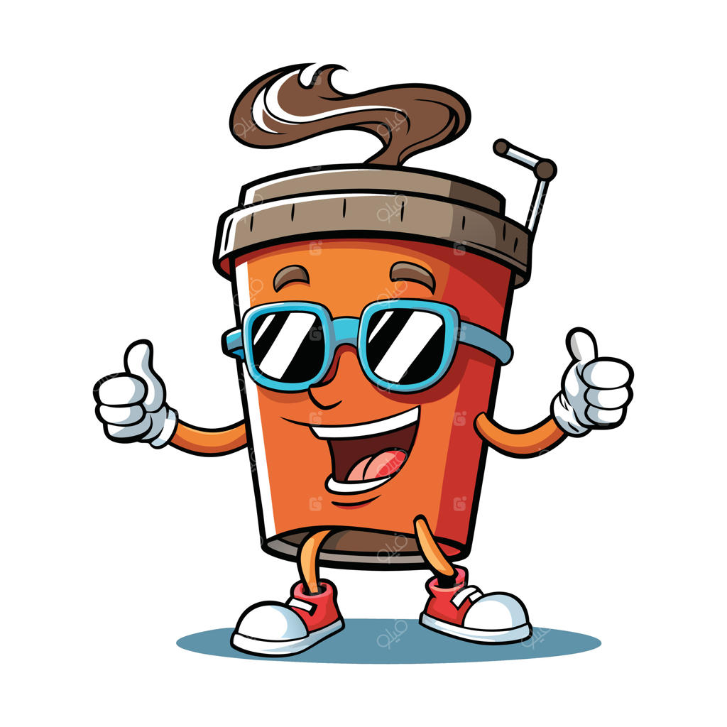 شخصیت فنجان قهوه با عینک آفتابی و انگشت شست بالا