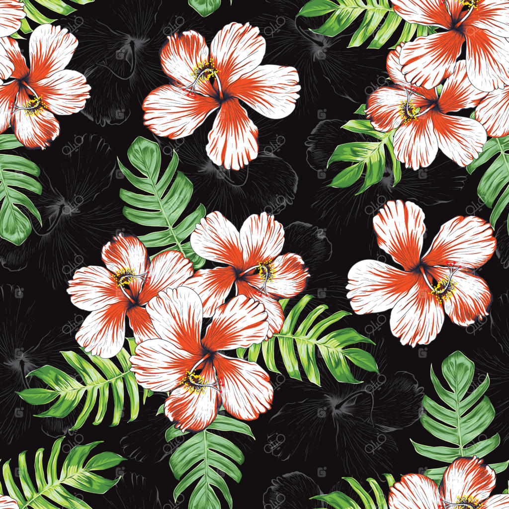 الگوی بدون درز گل‌های هیبیسکوس و برگ‌های مونسترا در پس‌زمینه‌ی انتزاعی. تصویرسازی برداری و طراحی دستی آبرنگ برای مد و پارچه.