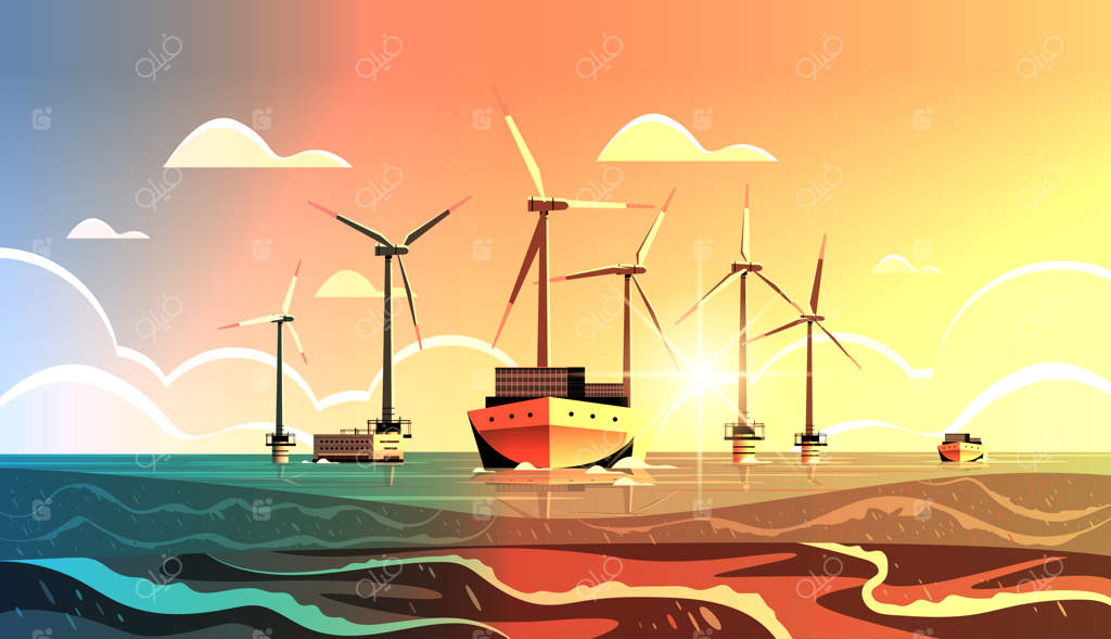 مزرعه بادی فراساحلی با توربین‌ها و کشتی در دریا: تولید انرژی تجدیدپذیر از آب، مفهوم تولید قدرت جایگزین در مناظر دریایی، تصویر برداری افقی