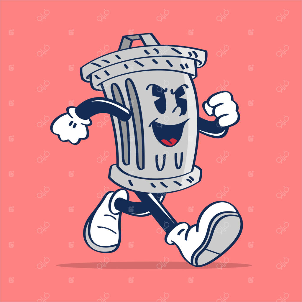 ترسیم دستی وکتور یک کاراکتر کارتونی سطل زباله در حال دویدن