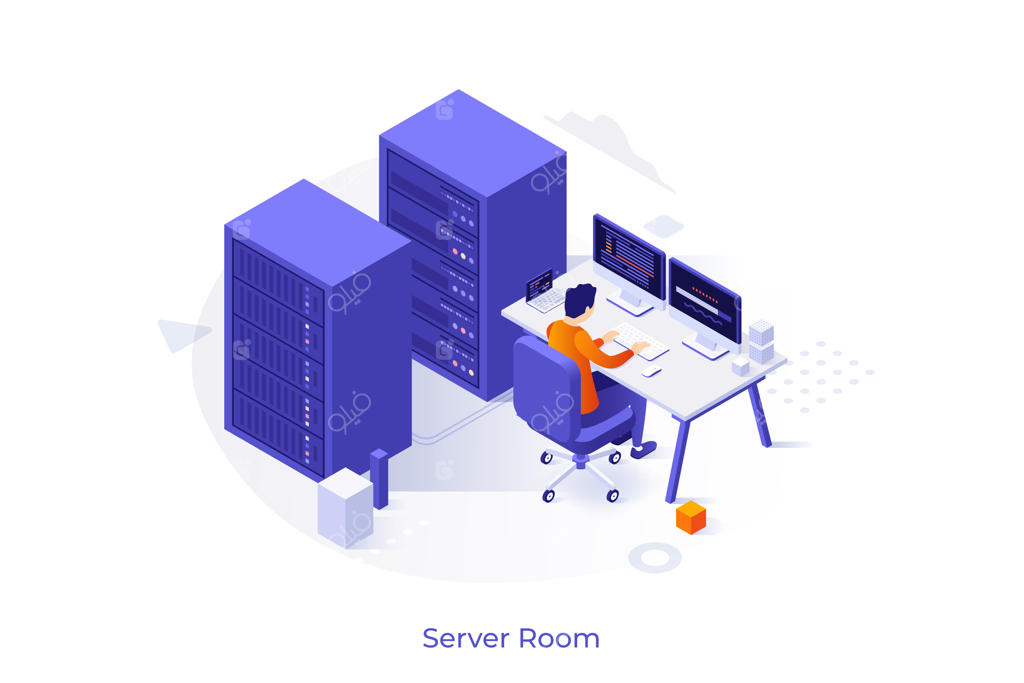 طرح مفهومی میکرو دیتاسنتر با رک‌های سرور و مهندس عملیات در حال کار با کامپیوتر؛ تصویرسازی وکتور ایزومتریک مدرن از تجهیزات سخت‌افزاری و سیستم کنترل