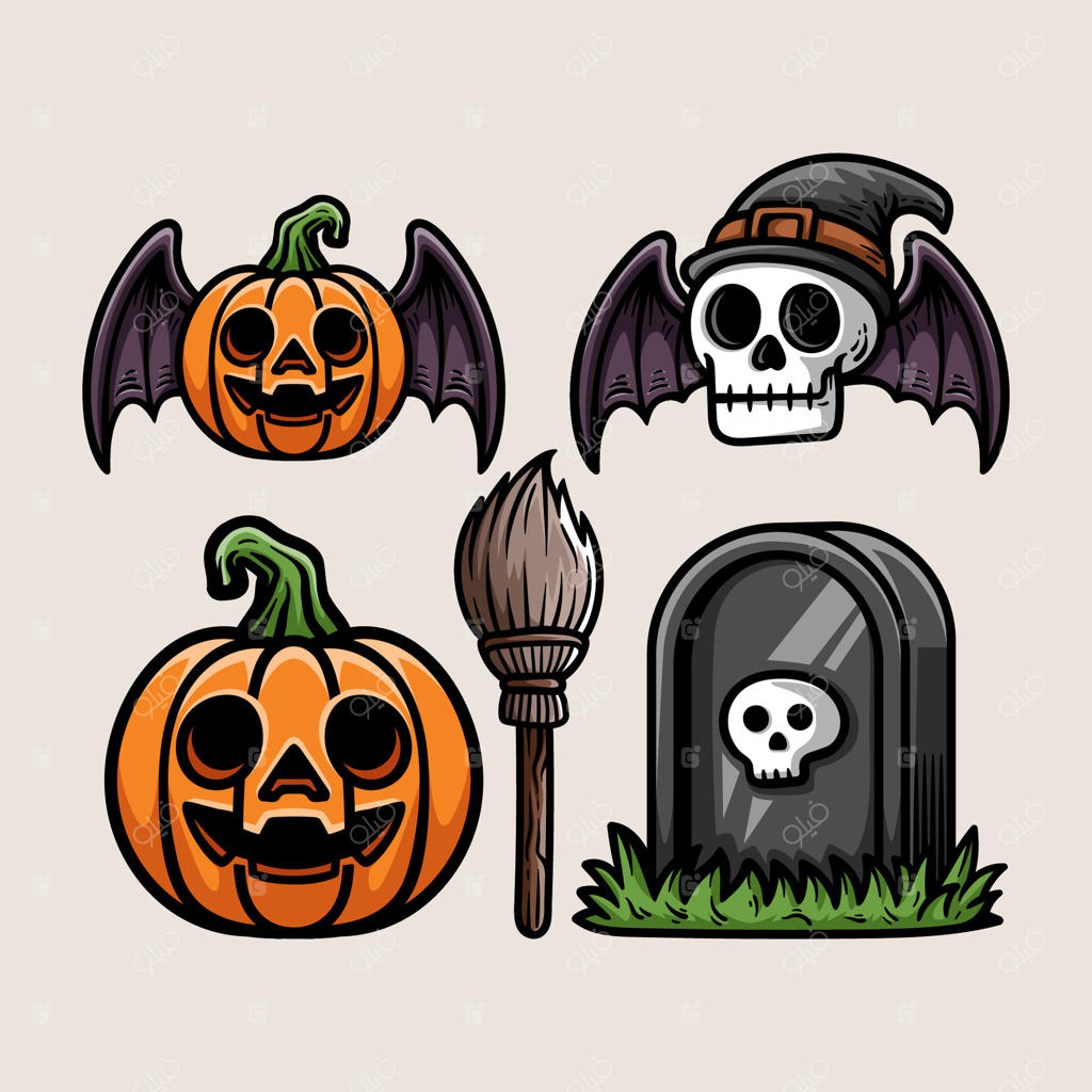 مجموعه کارتون‌های سرگرم‌کننده هالووین با طراحی کلاسیک و لوگوی رنگارنگ در سبک طراحی خطی کلاسیک و قدیمی