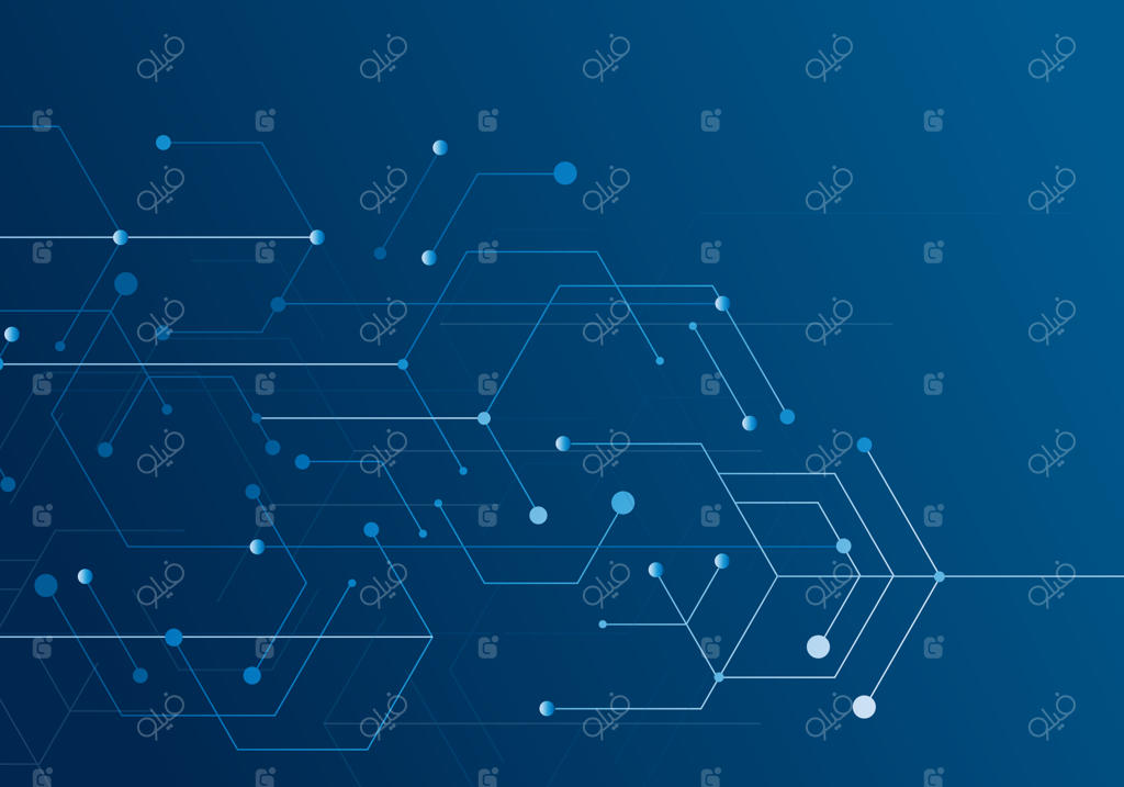 طرح اتصال شش‌ضلعی‌های تکنولوژی با سبک مدرن در پس‌زمینه آبی. شبکه ارتباطی اینترنت و فناوری دیجیتال پیشرفته. طراحی گرافیکی پس‌زمینه انتزاعی تکنولوژی.