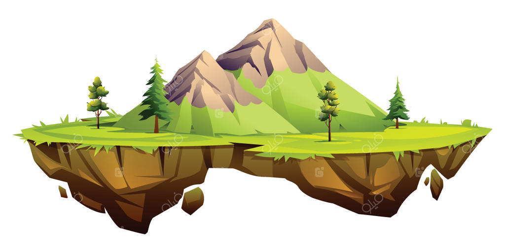 تصویرسازی کارتونی منظره کوه و درختان روی جزیره معلق چمنی