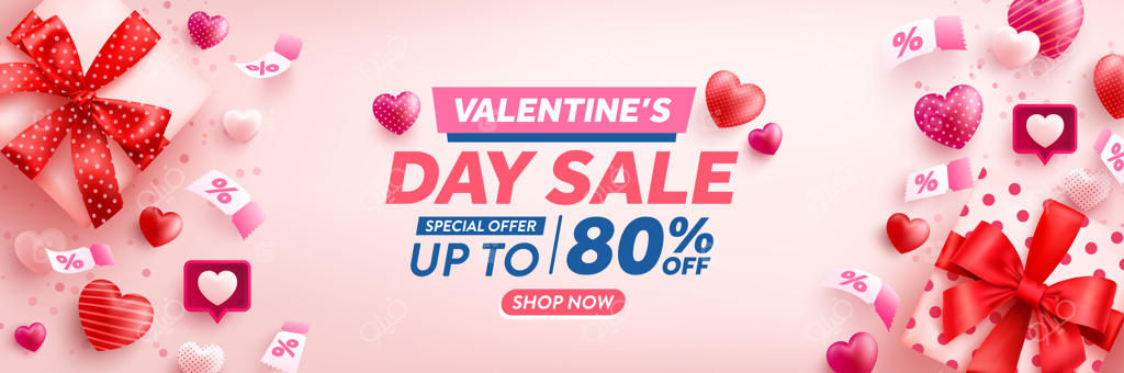 پوستر فروش ویژه روز ولنتاین با کوپن قلبی در طرح صورتی و جعبه کادوی ولنتاین بر روی پس‌زمینه صورتی