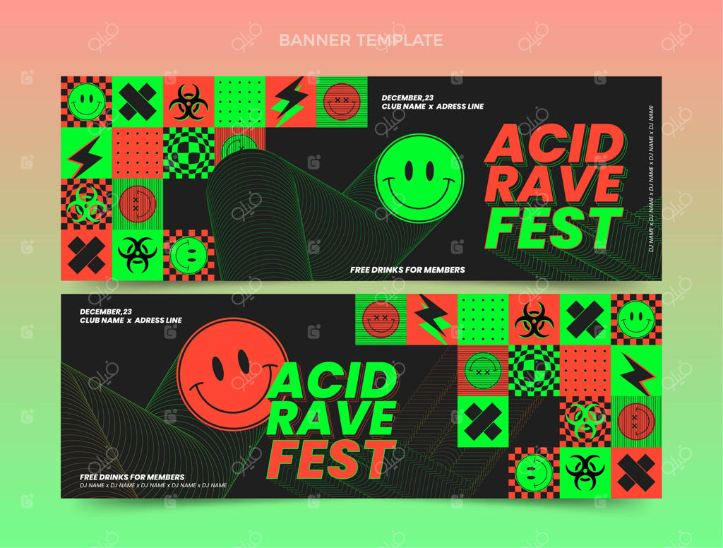 بنرهای افقی فستیوال موسیقی با طراحی تخت و موزاییکی