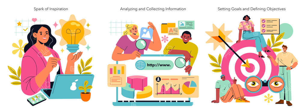 تصویرسازی روند کار: مراحلی از فرآیند خلاقیت همراه با جرقه الهام‌گیری و استفاده از داده‌ها