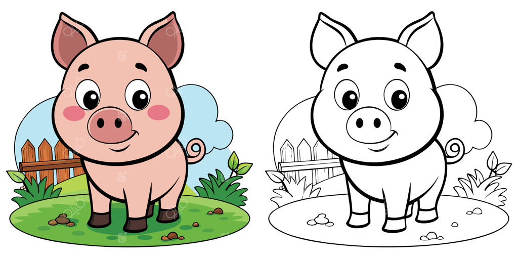 کتاب رنگ‌آمیزی بچه خوک بامزه برای کودکان چاپ‌شدنی. بچه خوک صورتی در باغ - طرح کارتونی حیوانات
