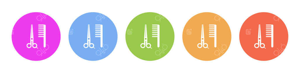 نمادهای مسطح چند رنگ روی پس‌زمینه‌های گرد. آیکون دایره‌ای قیچی و شانه آرایشگری در پس‌زمینه سفید