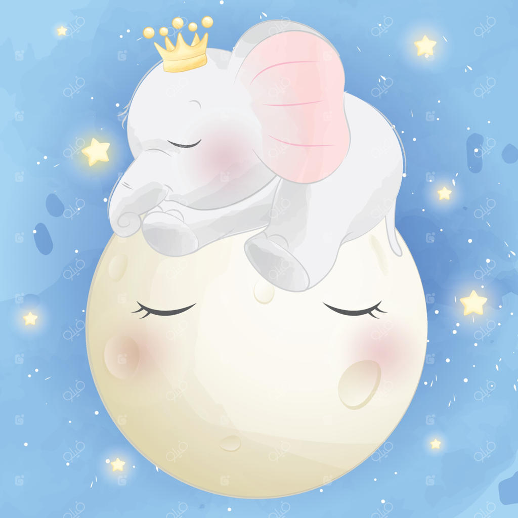 تصویرسازی فیل بامزه خوابیده روی ماه