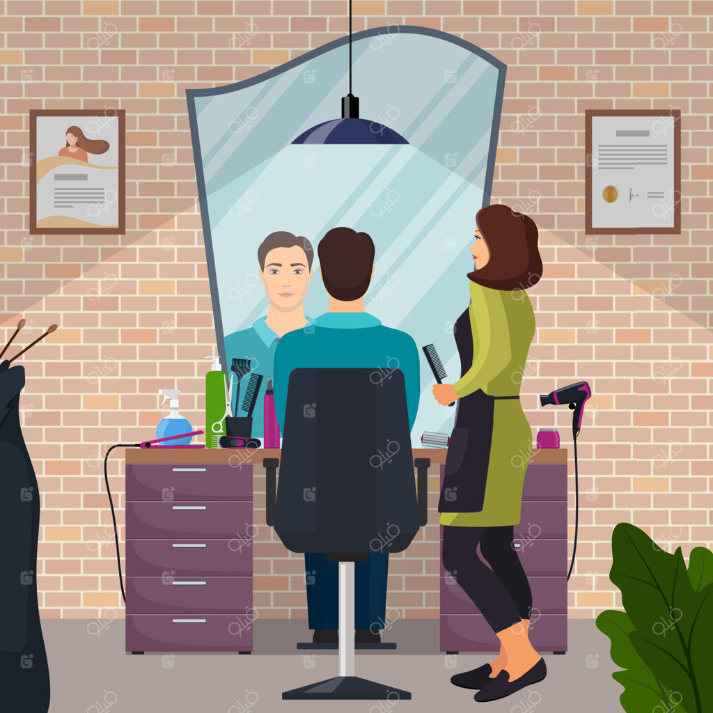 آرایشگر و مشتری در سالن زیبایی به سبک لافت. صندلی، آینه، میز، ابزار آرایشگری، محصولات مراقبت از مو. دکوراسیون داخلی آرایشگاه. تصویرسازی تخت وکتوری.