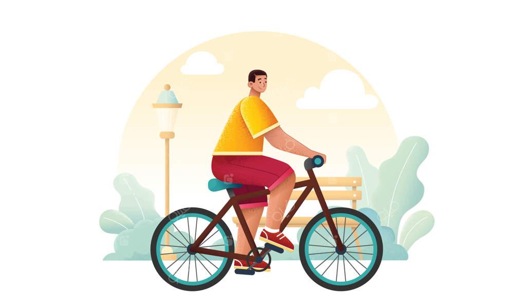 مردی در حال دوچرخه‌سواری در باغی با نیمکت و چراغ‌برق در پس‌زمینه