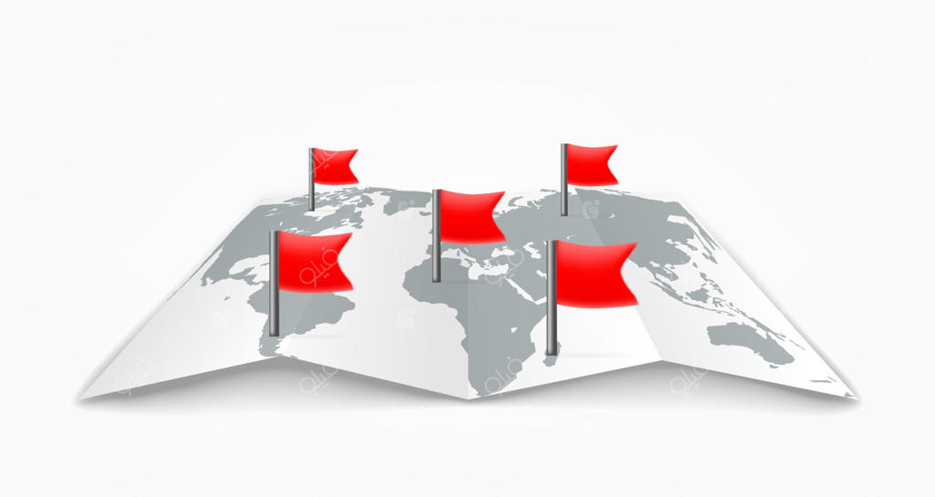 تصویرسازی نقشه کاغذی سفر با پرچم‌های قرمز