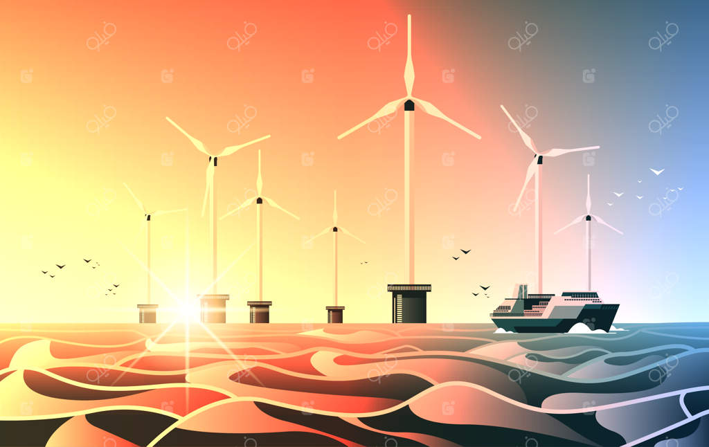 مزرعه بادی در دریا با توربین‌ها و کشتی؛ تولید انرژی از منابع تجدیدپذیر دریا یا اقیانوس، تصویر برداری افقی