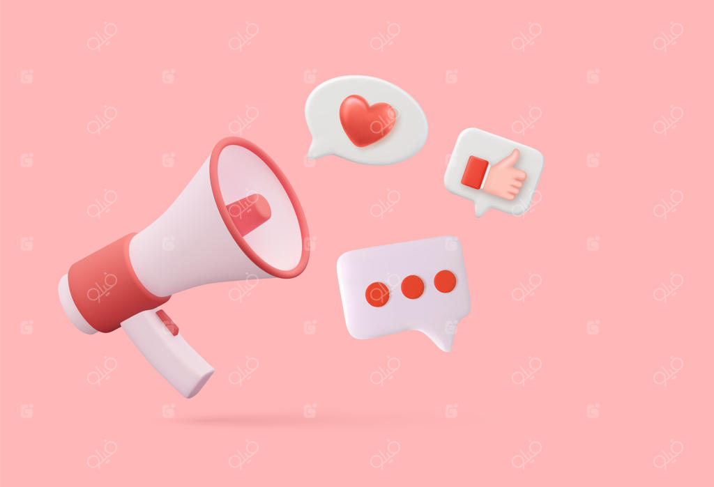 بلندگو با نمادهای پروازکننده شبکه‌های اجتماعی