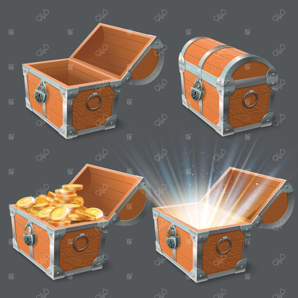صندوق چوبی: مجموعه‌ای از تصاویر سه‌بعدی صندوق گنج، قفسه طلایی قدیمی با قفل بسته یا باز و صندوق‌های خالی