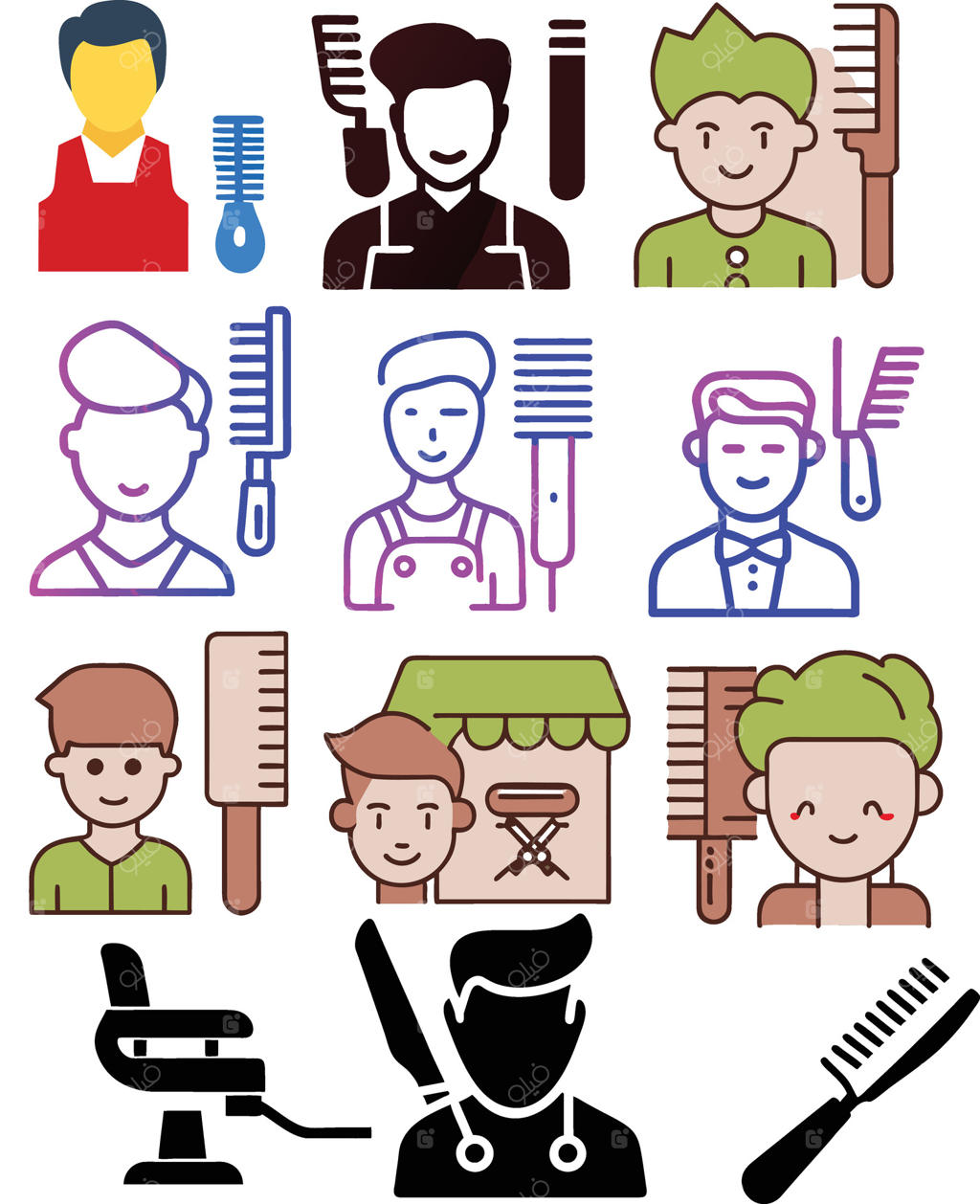 مجموعه آیکون آرایشگاه با تصویر آرایشگران و قیچی و شانه