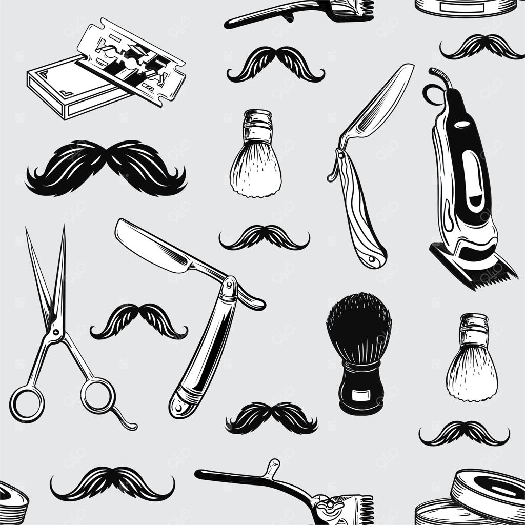 قالب وکتور پترن آرایشگاه با المان‌های ابزار کلاسیک