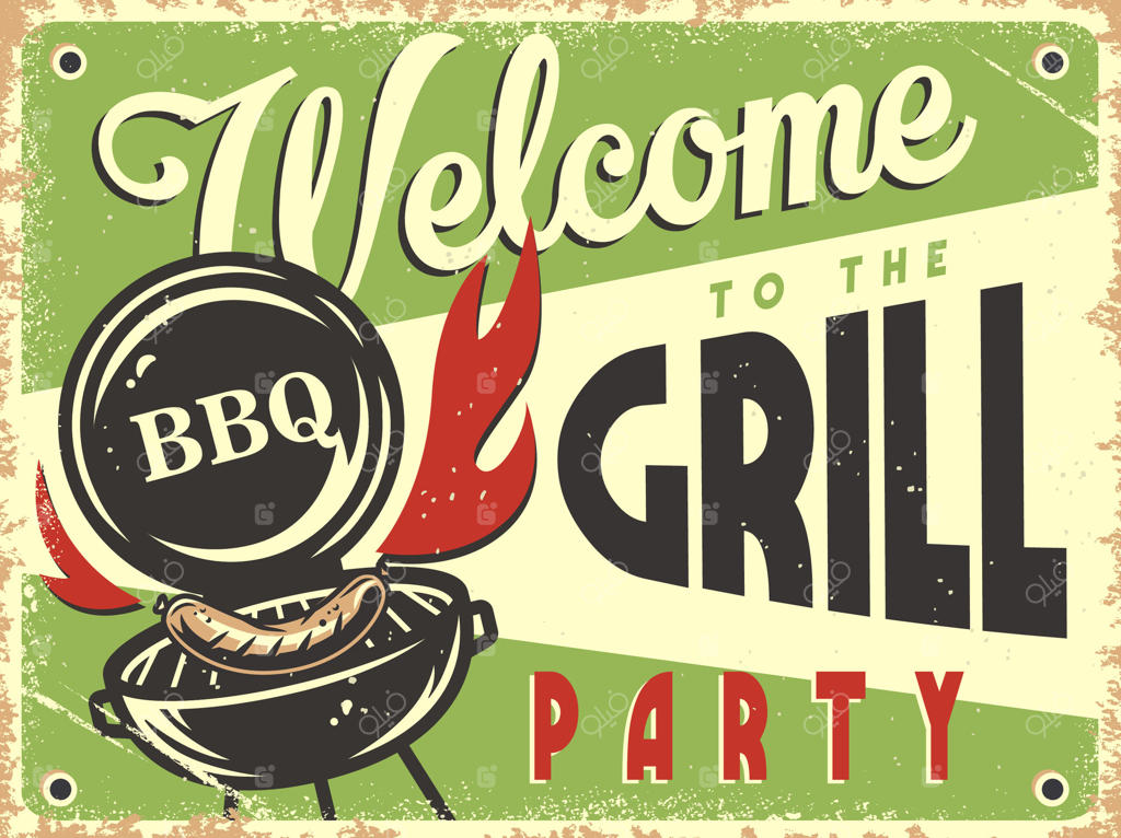 پوستر قدیمی با دستگاه باربیکیو و سوسیس کبابی