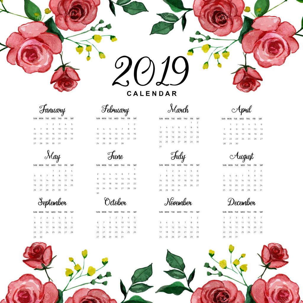 تقویم سال ۲۰۱۹ با طرح گل‌های آبرنگی