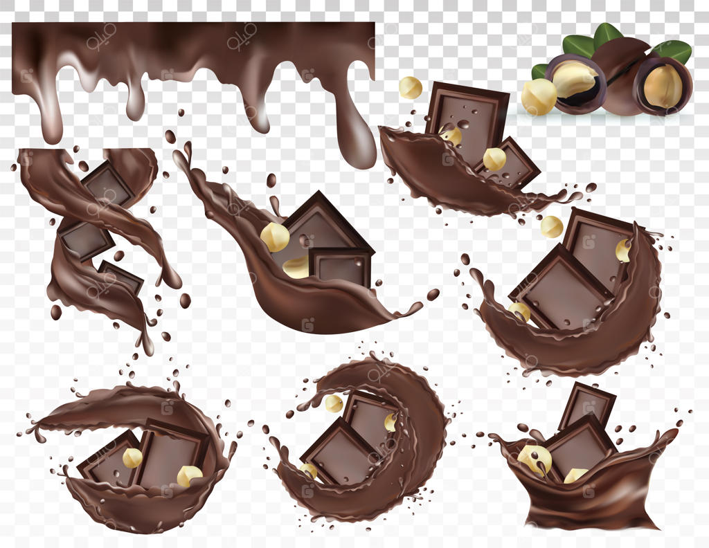 پاشش شکلاتی با آجیل ماکادمیا: خمیر شکلات تلخ و آجیل‌ها.