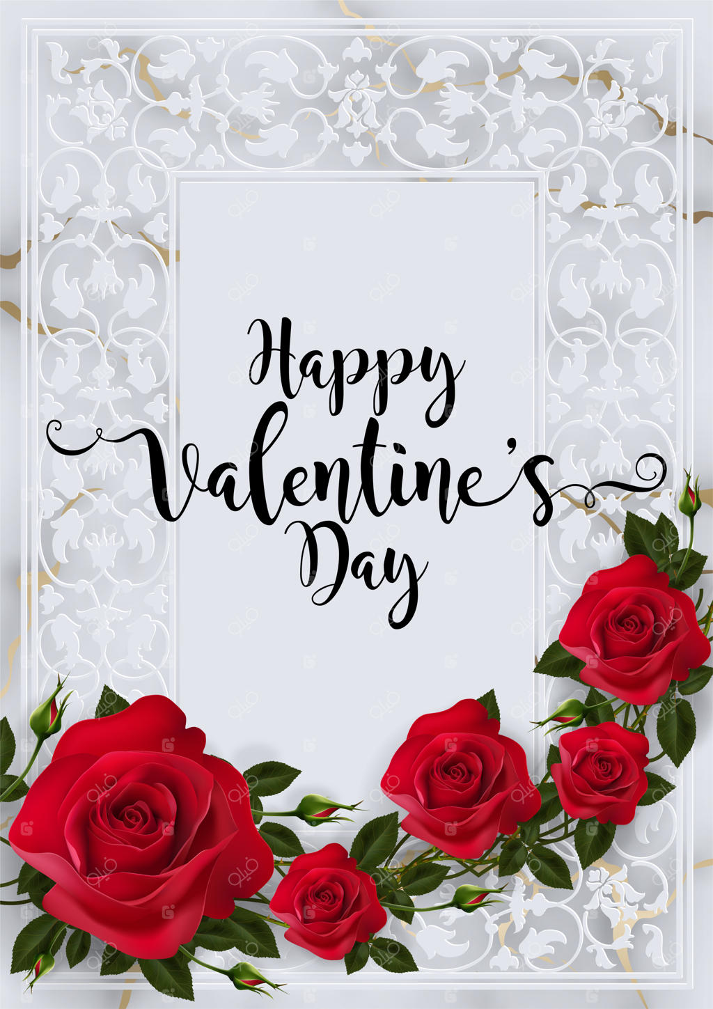 قالب کارت تبریک روز ولنتاین با طرح‌های واقعی از گل رز زیبا و قلب در پس‌زمینه رنگارنگ.