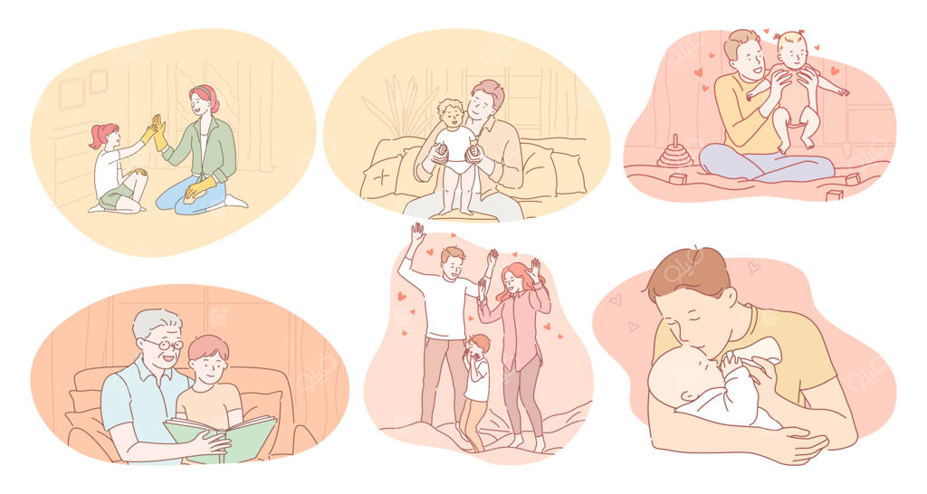 مفهوم خانواده شاد، فرزندپروری و کودکان. شخصیت‌های کارتونی والدین جوان و پدربزرگ و مادربزرگ در حال بازی و تفریح با بچه‌ها و نوه‌ها. با هم بودن، شادی، زوج.