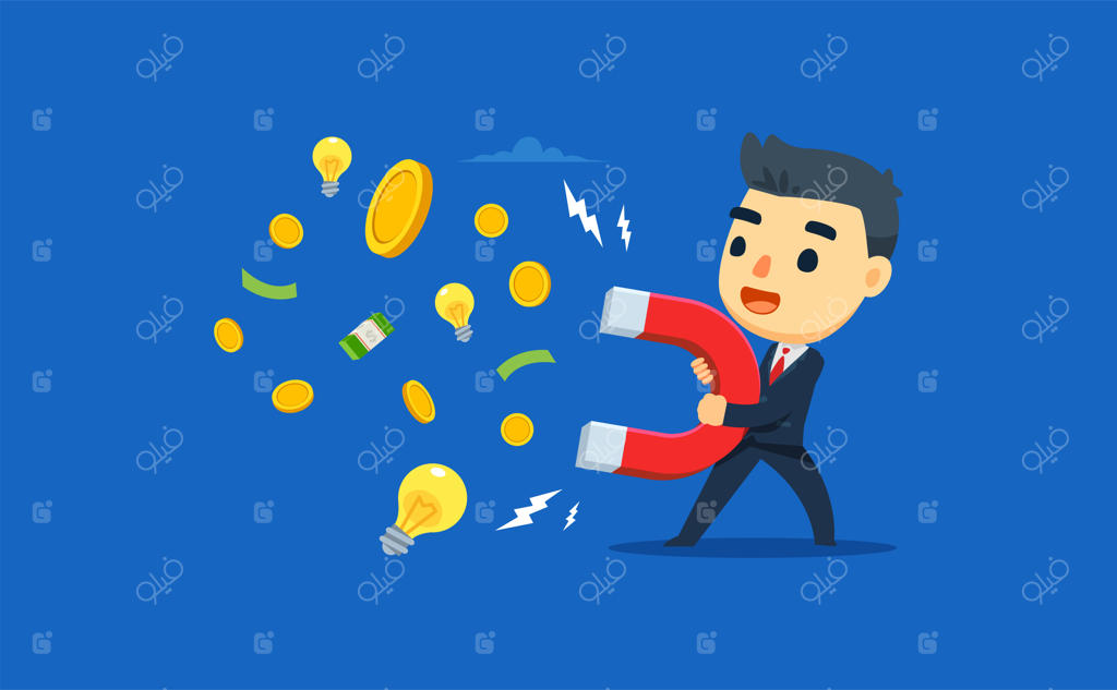 یک کارآفرین با استفاده از آهن‌ربا، پول و ایده‌ها را جذب می‌کند. تصویرسازی برداری