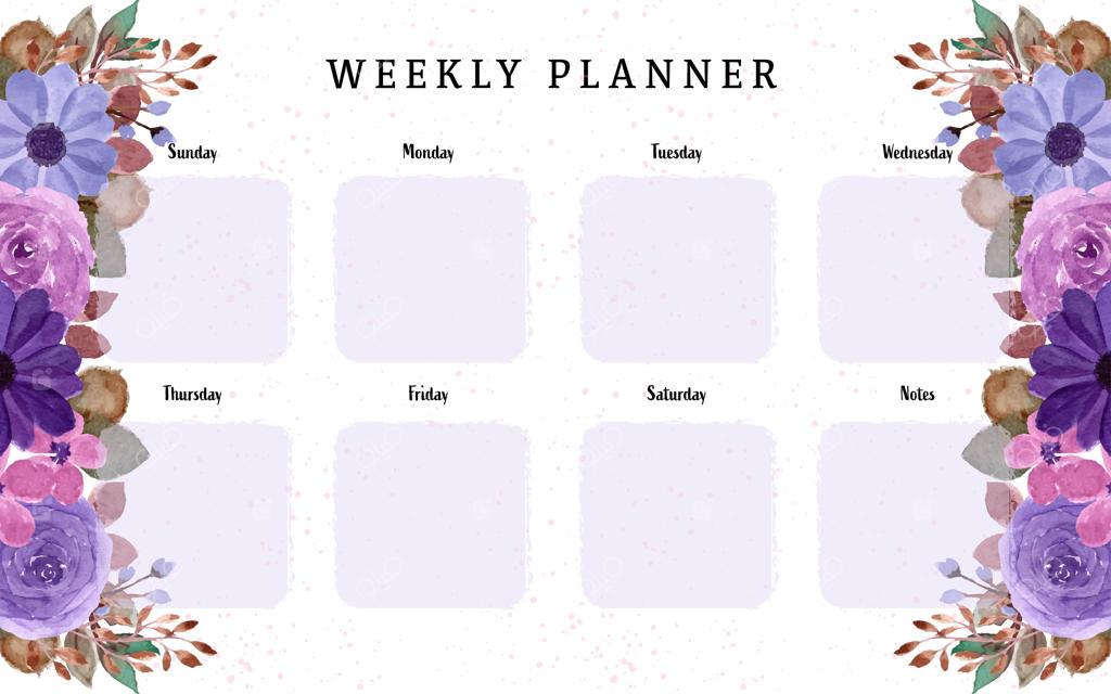 تقویم هفتگی کلاسیک با پس‌زمینه بهاری و گل‌های بنفش آبرنگی