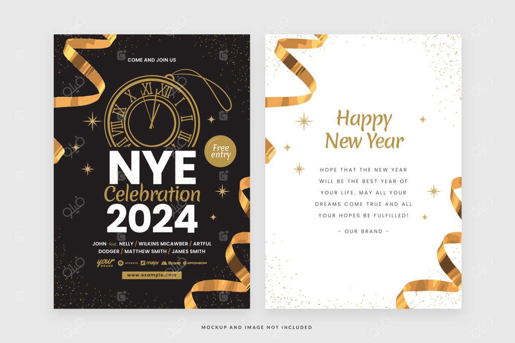 قالب تراکت رویداد لوکس شب سال نو با طرح مشکی و طلایی در قالب وکتور