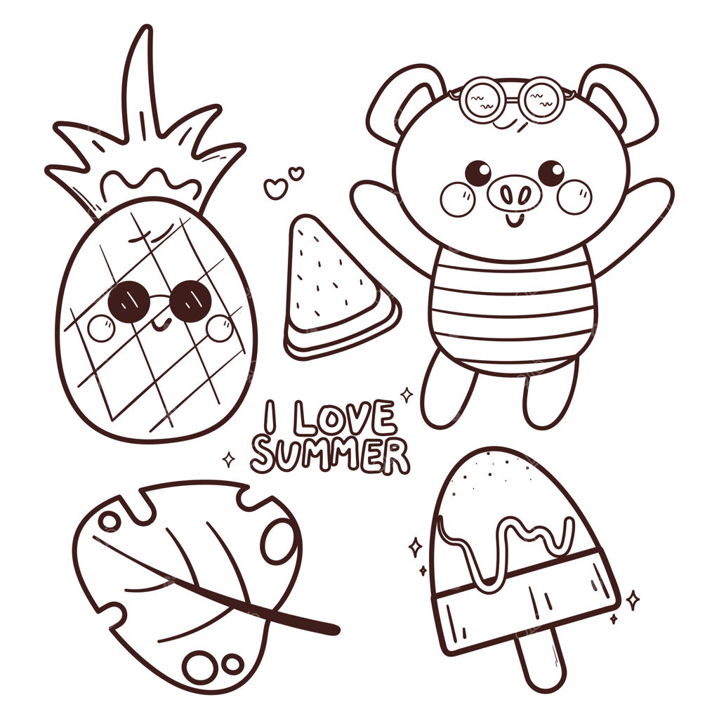 صفحه رنگ‌آمیزی بامزه خوک کارتونی با استیکرهای عناصر تابستانی. استیکر نقاشی تابستانی برای کتاب رنگ‌آمیزی