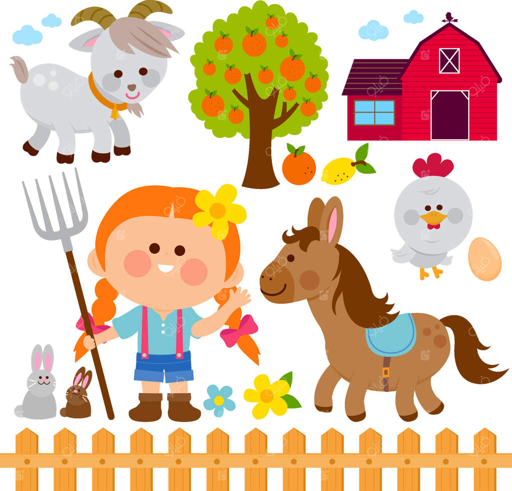 دختر کشاورز در باغ و حیوانات ناز. کودکی شاد در مزرعه، در حال کار در باغچه با طویله، حیوانات مزرعه، حصار و درخت پرتقال. مجموعه‌ای از تصاویر