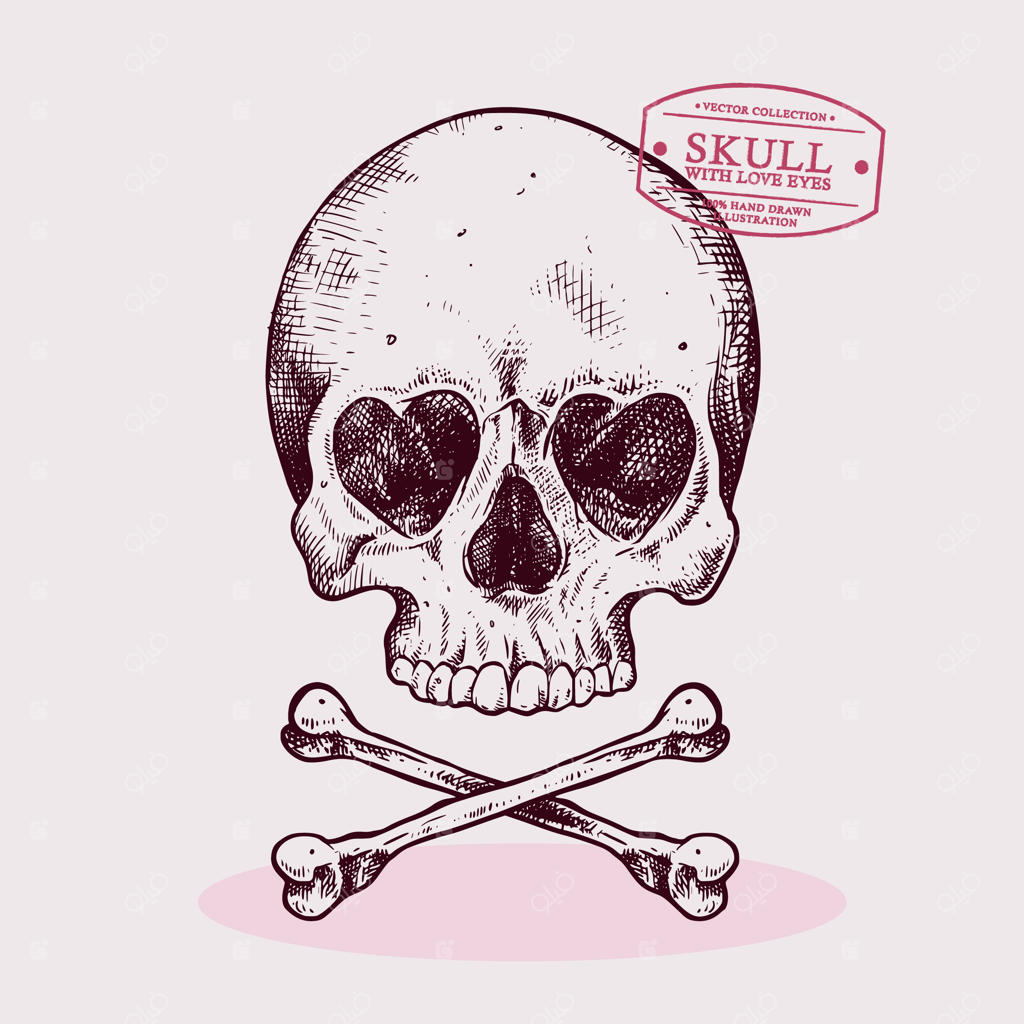 تصویر جمجمه با چشمان به شکل قلب و به صورت دست‌کشیده