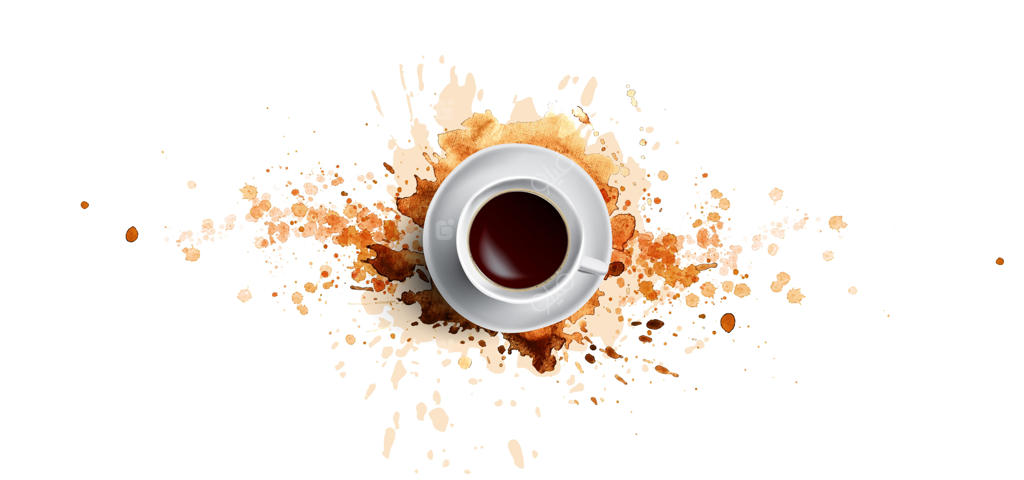 طرح قهوه روی زمینه سفید - فنجان قهوه سفید، نمای بالا با پاشیدن‌های آبرنگی. تصویرسازی دستی و آبرنگی قهوه با هنر زیبا و پاشش‌های جذاب.